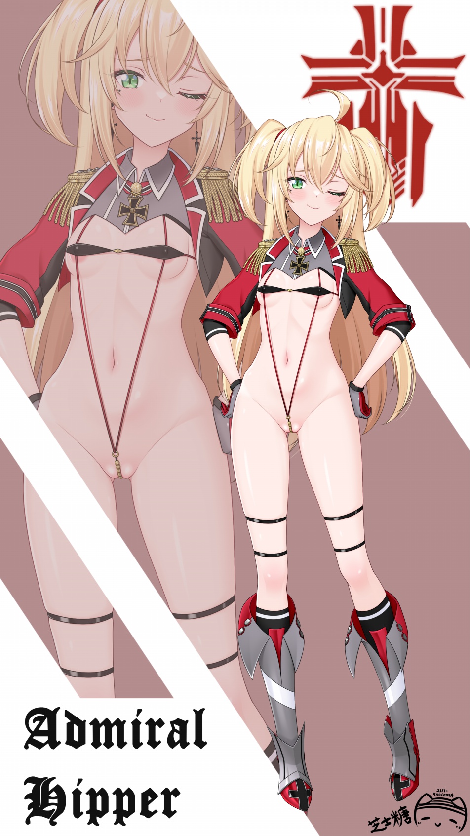 1girl admiral_hipper_(azur_lane) ahoge areola_slip azur_lane blonde_hair boots breasts brown_background character_name cross cross_earrings earrings epaulettes green_eyes grey_footwear hands_on_own_hips highres iron_blood_(emblem) iron_cross jewelry long_hair long_sleeves looking_at_viewer mole mole_under_eye multiple_views navel pearl_thong ppshex red_shrug revealing_clothes simple_background slingshot_swimsuit small_breasts swimsuit thigh_strap two-tone_background very_long_hair white_background