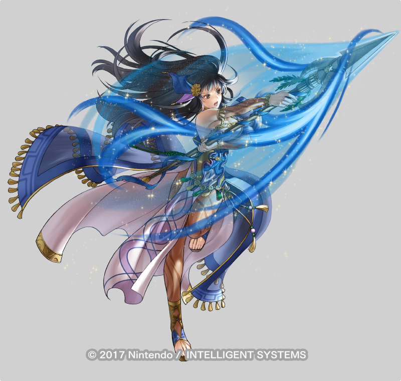 attack bare_shoulders black_eyes black_hair breasts choker command_input detached_sleeves fire_emblem fire_emblem:_the_blazing_blade fire_emblem_heroes full_body hair_ornament high_heels holding holding_polearm holding_weapon jewelry karla_(fire_emblem) karla_(hatari)_(fire_emblem) kita_senri large_breasts long_hair looking_at_viewer nintendo official_alternate_costume official_art pantyhose polearm solo toeless_footwear toeless_legwear weapon