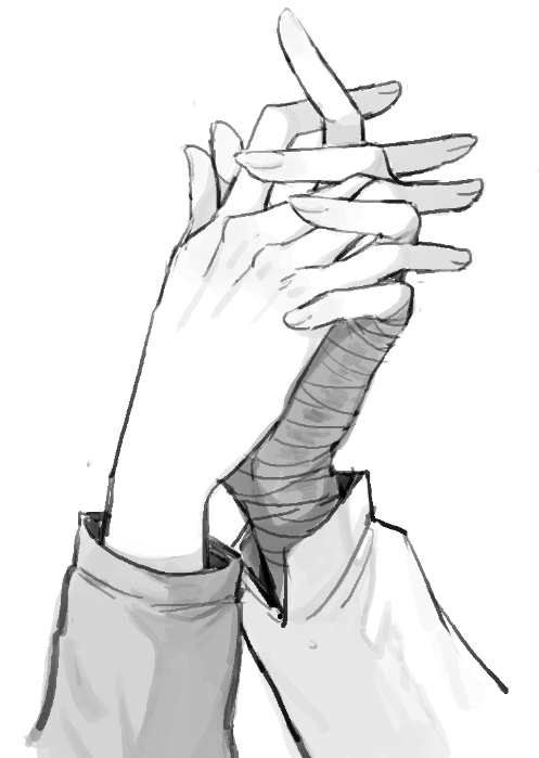 2girls bandaged_hand bandages chief_(path_to_nowhere) chinese_commentary commentary female_chief_(path_to_nowhere) greyscale hand_focus holding_hands interlocked_fingers kotori_(b-i-r-d) monochrome multiple_girls path_to_nowhere shalom_(path_to_nowhere) simple_background yuri