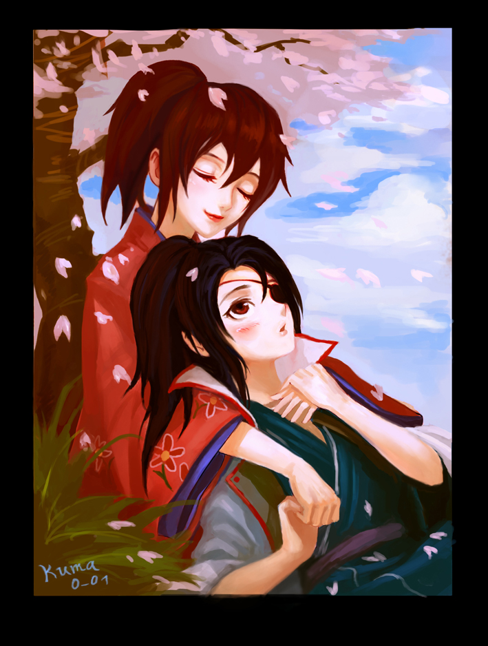 2girls aobanna black_border black_hair blush border brown_eyes brown_hair cherry_blossoms closed_eyes cloud eyepatch female_focus gintama hair_between_eyes holding_hands japanese_clothes kimono lap_pillow lying lying_on_lap lying_on_person multiple_girls petals ponytail shimura_tae sky smile tree yagyuu_kyuubei yuri