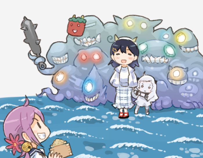 3girls abyssal_ship akebono_(kancolle) bell black_hair club club_(weapon) commentary_request cone_horns fake_horns flower grin hair_bell hair_flower hair_ornament horns jacket jingle_bell kanabou kantai_collection long_hair mask monster multiple_girls northern_little_sister official_alternate_costume oni_mask plaid_clothes plaid_skirt purple_hair saiguchi_otoufu school_uniform serafuku side_ponytail skirt smile solid_oval_eyes spiked_club ushio_(kancolle) ushio_kai_ni_(kancolle) water weapon white_jacket