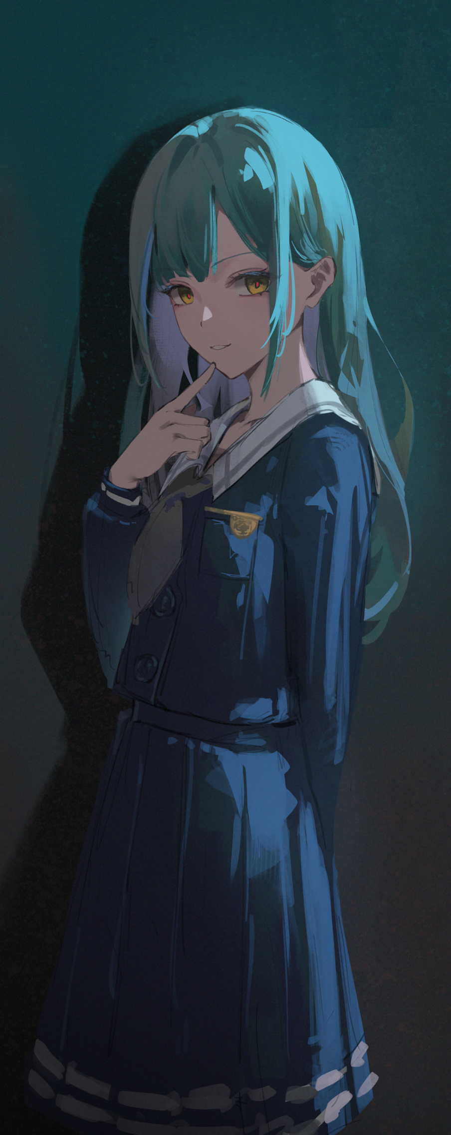 1girl airool aqua_hair arm_behind_back badge bang_dream! bang_dream!_it&#039;s_mygo!!!!! black_background blue_serafuku breast_pocket chinese_commentary commentary_request cowboy_shot finger_to_own_chin from_side gradient_background green_background grey_neckerchief grin hand_up highres index_finger_raised long_hair long_sleeves looking_at_viewer mortis_(bang_dream!) mortis_(persona)_(bang_dream!) neckerchief parted_bangs pocket sailor_collar school_uniform serafuku sidelighting sidelocks smile solo tsukinomori_school_uniform wakaba_mutsumi white_sailor_collar winter_uniform yellow_eyes