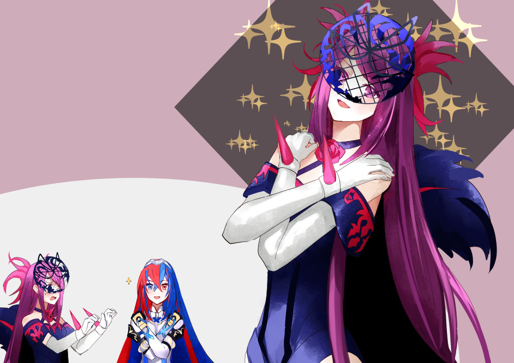 2girls alear_(female)_(fire_emblem) alear_(fire_emblem) bare_shoulders blue_eyes blue_hair braid crossed_bangs crown_braid dress fascinator fire_emblem fire_emblem_engage flower_brooch gloves heterochromia ivy_(fire_emblem) long_hair looking_at_viewer multicolored_hair multiple_girls nintendo purple_eyes purple_hair red_eyes red_hair see-through_clothes see-through_headwear shoochiku_bai spiked split-color_hair tiara two-tone_hair white_gloves