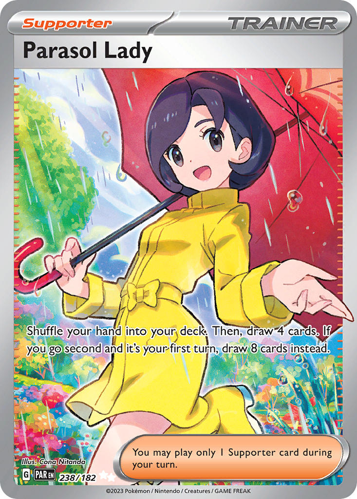 :d artist_name black_eyes black_hair bow card_(medium) character_name company_name copyright_name copyright_notice english_text eyelashes flower grass holding holding_umbrella long_sleeves nintendo nitanda_cona official_art open_mouth outdoors parasol_lady_(pokemon) pokemon pokemon_card pokemon_oras pokemon_tcg rain raincoat short_hair sky smile third-party_source trading_card tree umbrella water_drop yellow_bow yellow_raincoat