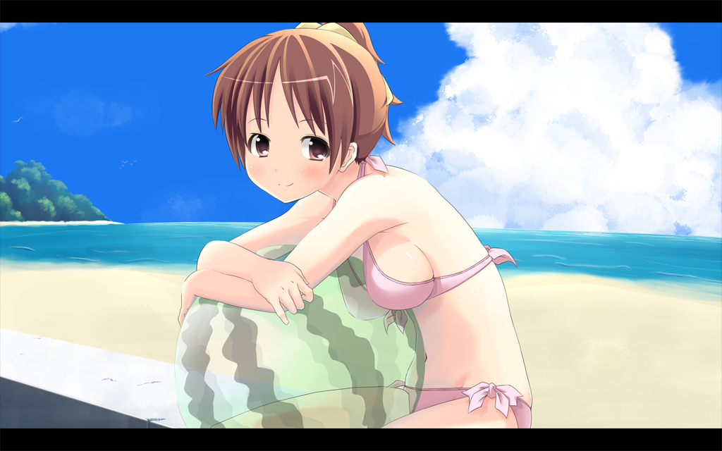 00s 1girl ball beach beachball bikini blush breasts brown_eyes brown_hair cloud day female_focus food fruit hirasawa_ui holding holding_food holding_fruit holding_watermelon ishizue k-on! large_breasts outdoors pink_bikini ponytail side-tie_bikini_bottom sideboob sky solo swimsuit water watermelon