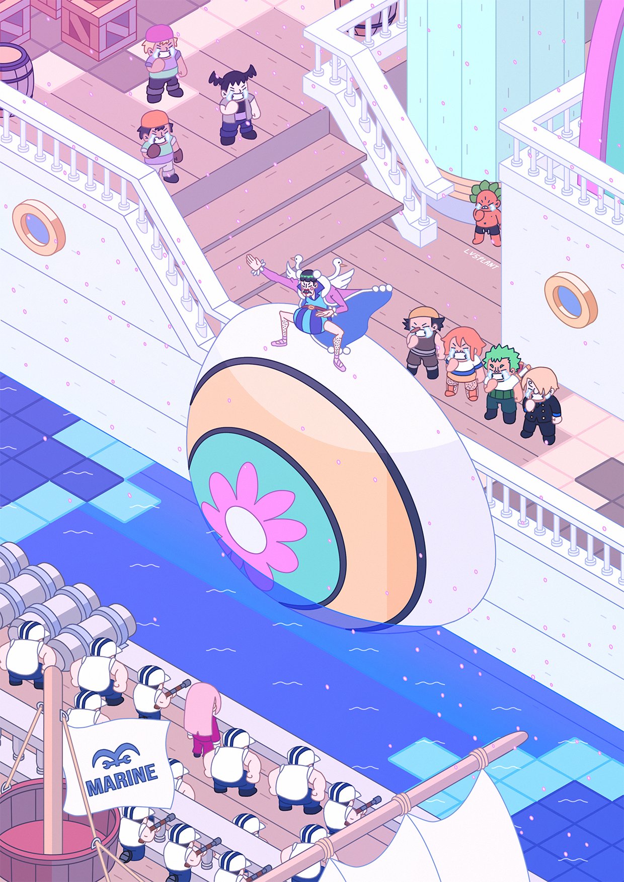 1girl 6+boys artist_name bandana black_hair boat bon_clay coat commentary cosplay crying flag green_hair gun highres hina_(one_piece) holding holding_gun holding_weapon isometric leg_hair long_coat lv5plant makeup marine_(one_piece) multiple_boys nami_(one_piece) nami_(one_piece)_(cosplay) nami_(one_piece)_(east_blue) ocean one_piece orange_hair roronoa_zoro roronoa_zoro_(cosplay) sanji_(one_piece) sanji_(one_piece)_(cosplay) sword sword_on_back tears usopp usopp_(cosplay) watercraft weapon weapon_on_back
