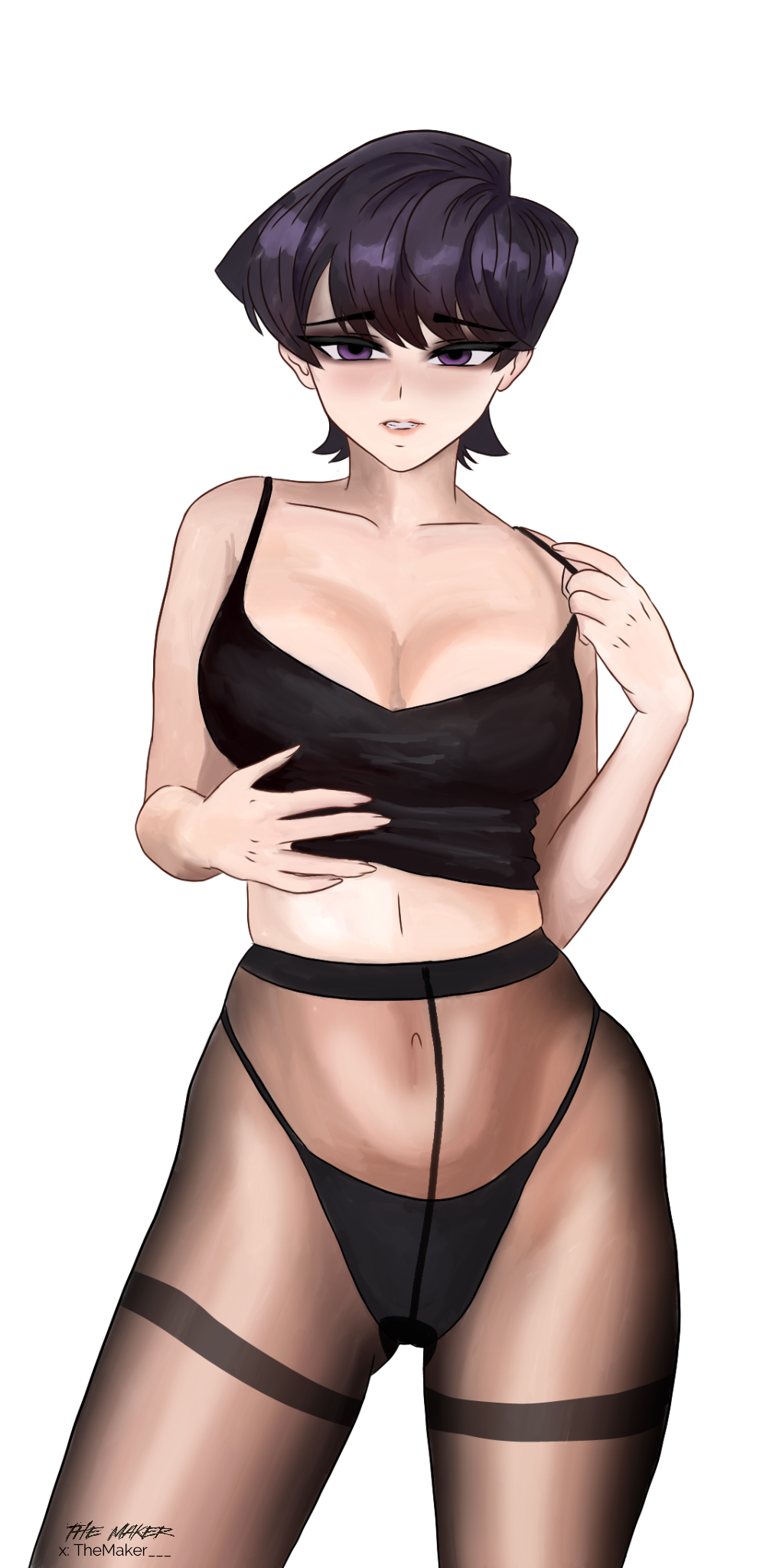 1girl black_pantyhose breasts cleavage crop_top highres komi-san_wa_komyushou_desu komi_shuuko large_breasts legs pantyhose partially_undressed purple_eyes see-through_clothes short_hair solo themaker thong