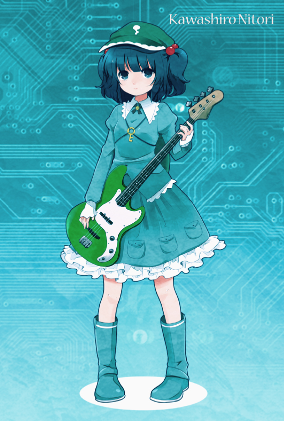 1girl backpack bad_id bad_pixiv_id bag blue_eyes blue_hair boots character_name circuit_board female_focus guitar hair_bobbles hair_ornament hat ica instrument kawashiro_nitori key matching_hair/eyes pocket randoseru shirt skirt solo touhou twintails two_side_up