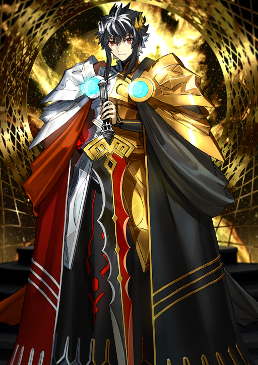 1boy armor asymmetrical_armor black_cape black_hair black_shirt breastplate cape charlemagne_(fate) charlemagne_(third_ascension)_(fate) clenched_hand closed_mouth fate/grand_order fate_(series) faulds feet_out_of_frame game_cg gold_armor gorget hair_between_eyes hair_ornament hand_up high_collar holding holding_sword holding_weapon joyeuse_ordre_(fate) legs_apart long_sidelocks long_sleeves looking_at_viewer male_focus multicolored_hair official_art pauldrons red_cape red_eyes shirt short_hair_with_long_locks shoulder_armor sidelocks smile solo spiked_hair split_theme spoilers standing streaked_hair sword third-party_source turtleneck two-tone_hair variant_set wada_arco weapon white_armor white_hair yellow_background