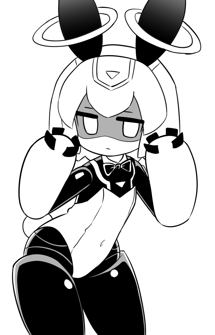 1girl android animal_ears bow bowtie closed_mouth covered_navel cowboy_shot greyscale hands_up highres leotard looking_at_viewer monochrome naga_u puniru_wa_kawaii_slime rabbit_ears rabbit_tail runruun_(puniru_wa_kawaii_slime) shaded_face simple_background solo standing strapless strapless_leotard tail white_background