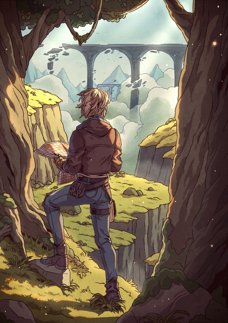 1boy belt belt_pouch blonde_hair boots bridge broken cliff cloud denim ezreal from_behind fur-trimmed_jacket fur_collar fur_trim gauntlets grass highres holding holding_map jacket jeans league_of_legends male_focus map mountain outdoors pants pouch rock shirt short_hair sky solo standing thigh_strap tree wenny02