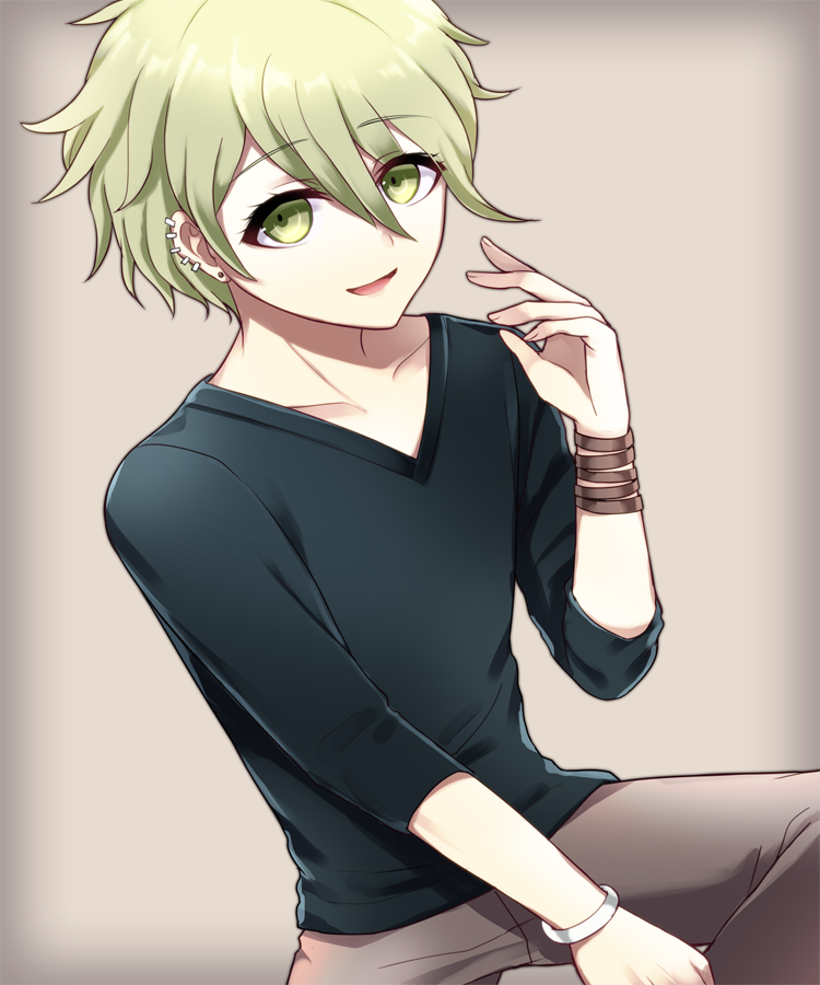 1boy alternate_costume amami_rantaro black_shirt bracelet brown_background brown_bracelet collarbone commentary_request cowboy_shot crossed_legs danganronpa_(series) danganronpa_v3:_killing_harmony ear_piercing earrings eyelashes fingernails green_eyes green_hair hair_between_eyes hand_on_lap hand_up jewelry long_sleeves looking_at_viewer male_focus multiple_bracelets multiple_piercings open_mouth piercing shirt short_hair simple_background sitting three-quarter_sleeves smile solo stud_earrings utou_(utousan) v-neck