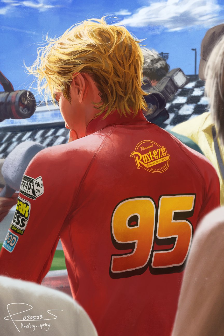 1boy artist_name blonde_hair camera cars_(movie) cloud dated from_behind hair_behind_ear hand_on_own_chin highres kkelsey_spring lightning_mcqueen male_focus personification realistic red_shirt shirt signature sky solo sponsor