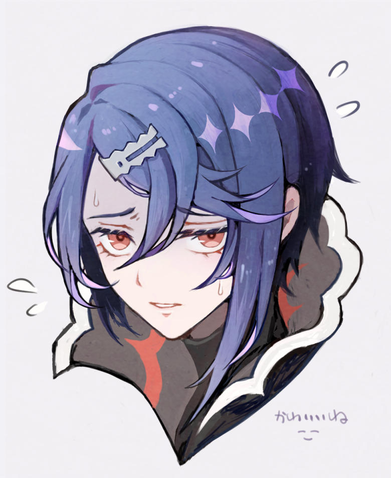 1boy alcryst_(fire_emblem) blue_hair fire_emblem fire_emblem_engage hair_ornament hairclip kuhaha looking_at_viewer male_focus nervous_sweating nintendo portrait red_eyes solo sweat