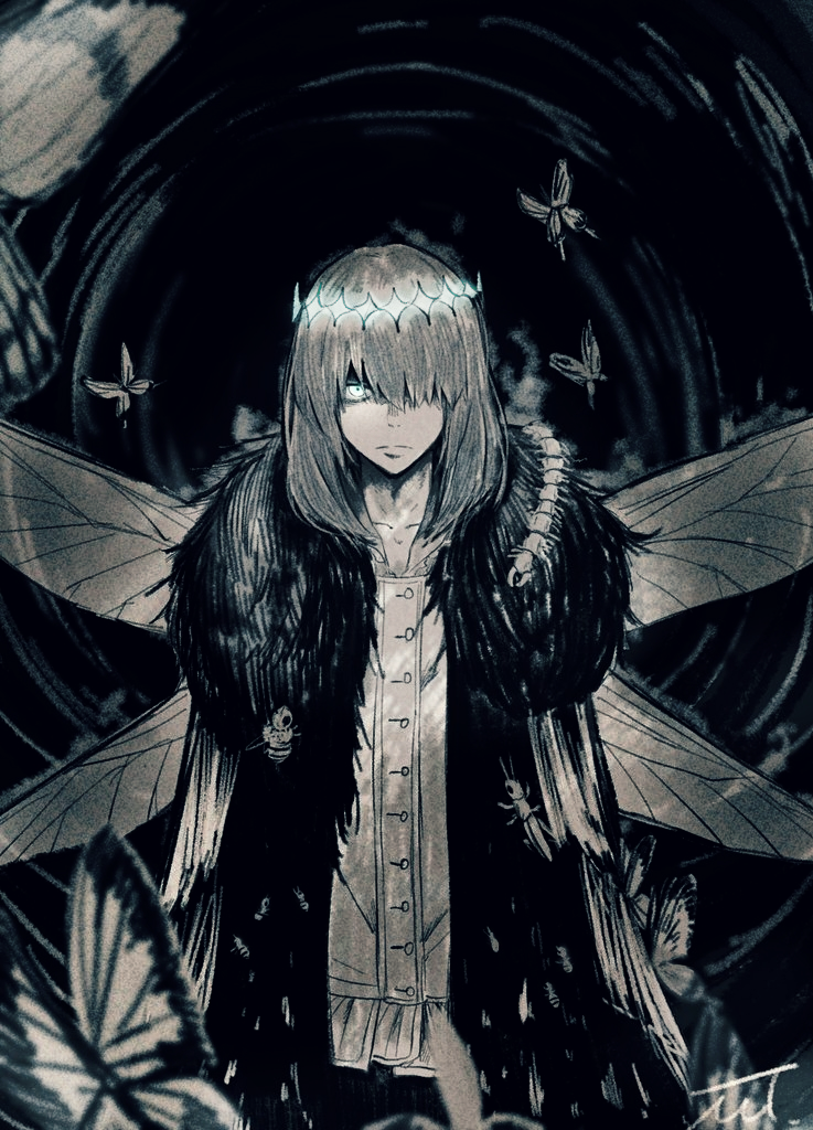 1boy arthropod_boy bee blue_eyes bug butterfly cape centipede collared_shirt cricket crown diamond_hairband dragonfly_wings fate/grand_order fate_(series) fur-trimmed_cape fur_trim grey_hair hair_over_one_eye insect insect_wings long_sleeves male_focus medium_hair mmmpsychedelic138 oberon_(fate) oberon_(third_ascension)_(fate) shirt solo upper_body white_shirt wings