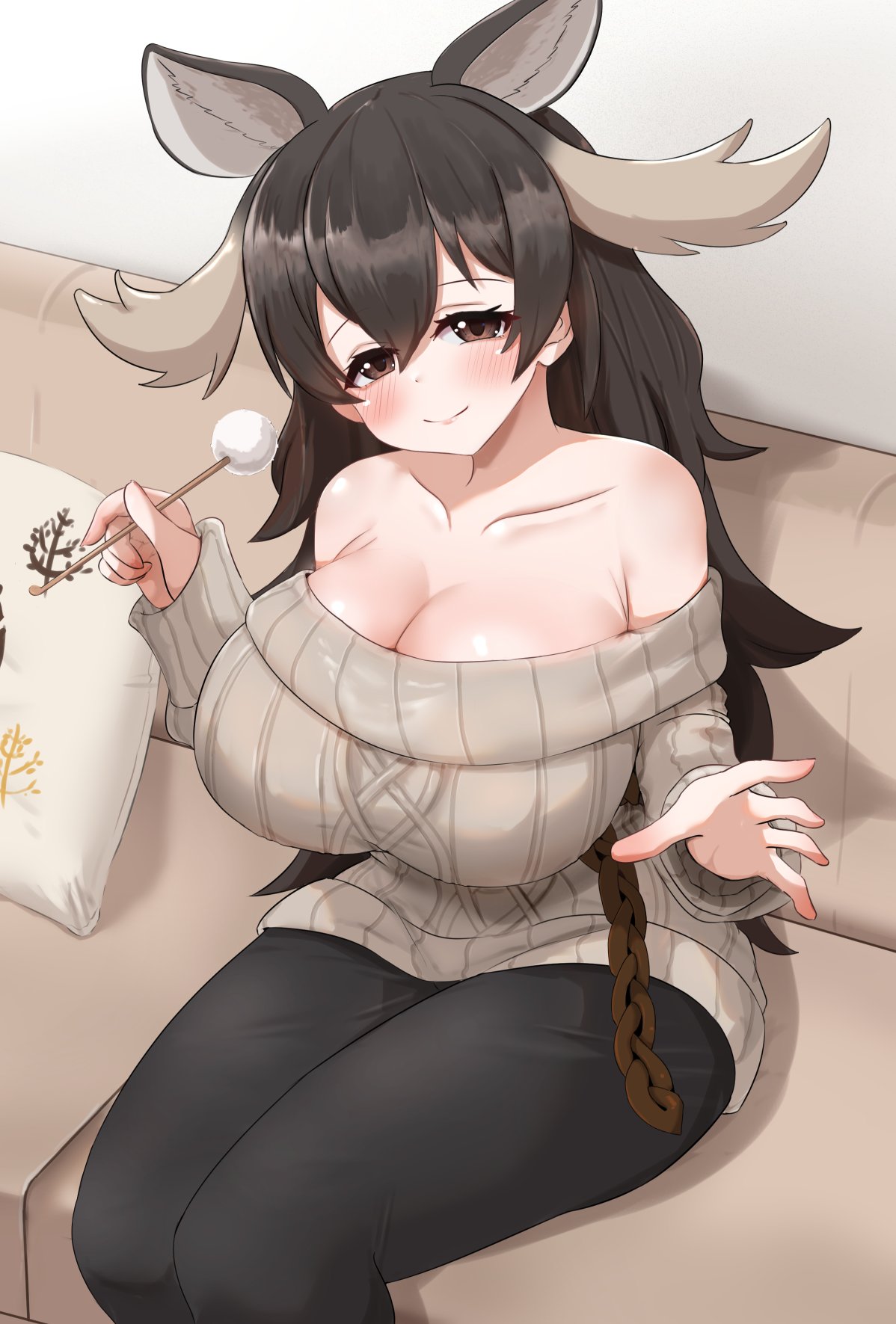 1girl akaisuto animal_ears antlers bare_shoulders black_pants blush brown_eyes brown_hair casual collarbone cotton_swab couch extra_ears grey_sweater hair_between_eyes highres horns kemono_friends kemono_friends_3 long_hair long_sleeves looking_at_viewer moose_(kemono_friends) moose_antlers moose_ears moose_girl moose_tail official_alternate_costume pants sidelocks sitting smile solo sweater tail