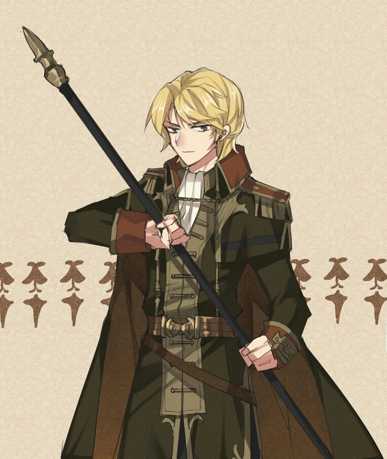 1boy blonde_hair brown_background brown_eyes camus_(fire_emblem) cape epaulettes fire_emblem fire_emblem_echoes:_shadows_of_valentia male_focus nintendo polearm solo spear upper_body weapon