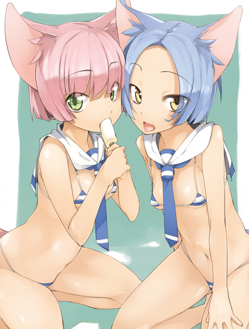 2girls animal_ears bikini blue_hair breasts cat_ears food green_eyes looking_at_viewer maruku multiple_girls original pink_hair popsicle short_hair sitting small_breasts striped_bikini striped_clothes swimsuit tongue yellow_eyes