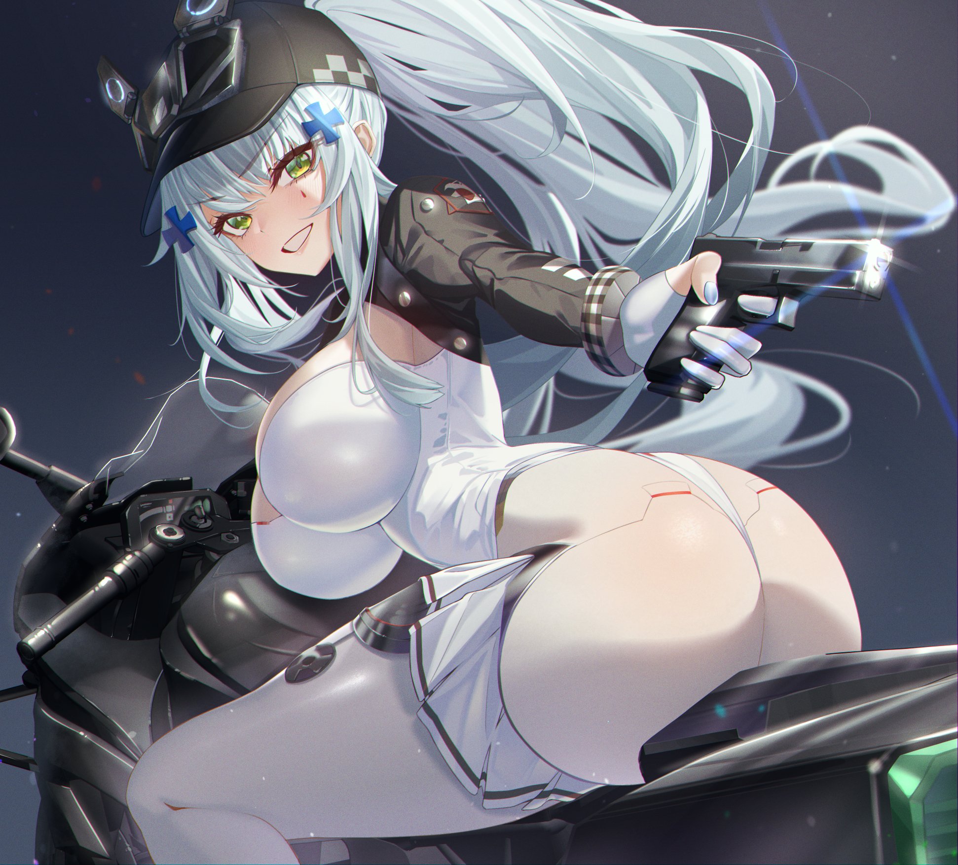 1girl ass baseball_cap black_bodysuit black_hat blue_hair bodysuit bratja breasts commentary commentary_request cross_hair_ornament dark_background finger_on_trigger foreshortening frilled_bodysuit girls'_frontline girls'_frontline_2:_exilium glock gloves gun hair_ornament handgun hat highres hk416_(girls'_frontline) holding holding_gun holding_weapon klukai_(girls'_frontline_2) klukai_(speed_star)_(girls'_frontline_2) large_breasts lens_flare long_hair looking_at_viewer looking_back motor_vehicle motorcycle on_motorcycle parted_lips partially_fingerless_gloves ponytail simple_background sitting solo tattoo teardrop_facial_mark teardrop_tattoo two-tone_bodysuit weapon white_bodysuit white_gloves white_nails