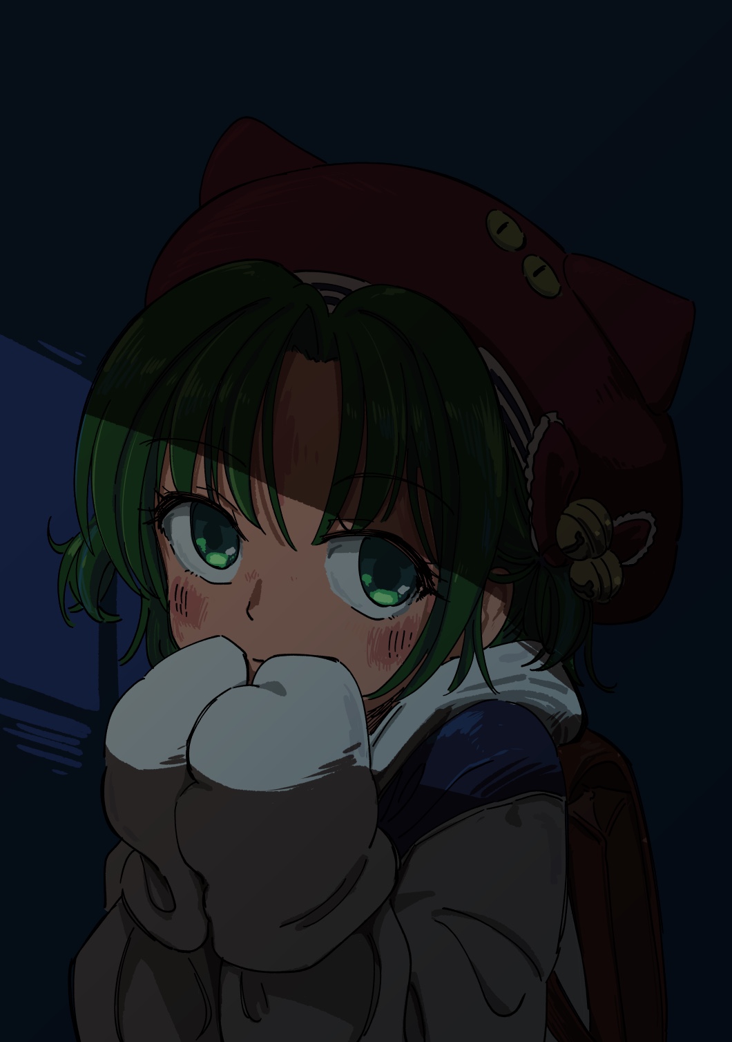1girl alternate_headwear anzu_yoshihiro backpack bag blush dejiko di_gi_charat eyelashes green_eyes green_hair hat highres mittens randoseru red_hat shirt short_hair sidelighting solo upper_body white_mittens white_shirt