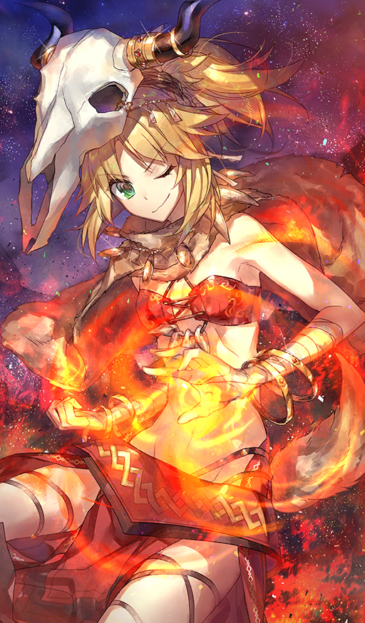1girl animal_skull bangle bare_shoulders blonde_hair bracelet breasts cape chocoan commentary cowboy_shot fate/grand_order fate_(series) fire fur_cape gold_bracelet green_eyes groin high_ponytail hoshi_no_sanzang-chan_tenjiku_ni_iku jewelry looking_at_viewer medium_hair midriff mordred_(fate) mordred_(true_samadhi_fire)_(fate) official_art one_eye_closed pelvic_curtain ponytail purple_background pyrokinesis red_skirt red_theme red_tube_top sidelocks skirt skull_on_head small_breasts smile strapless third-party_source tube_top v-shaped_eyebrows