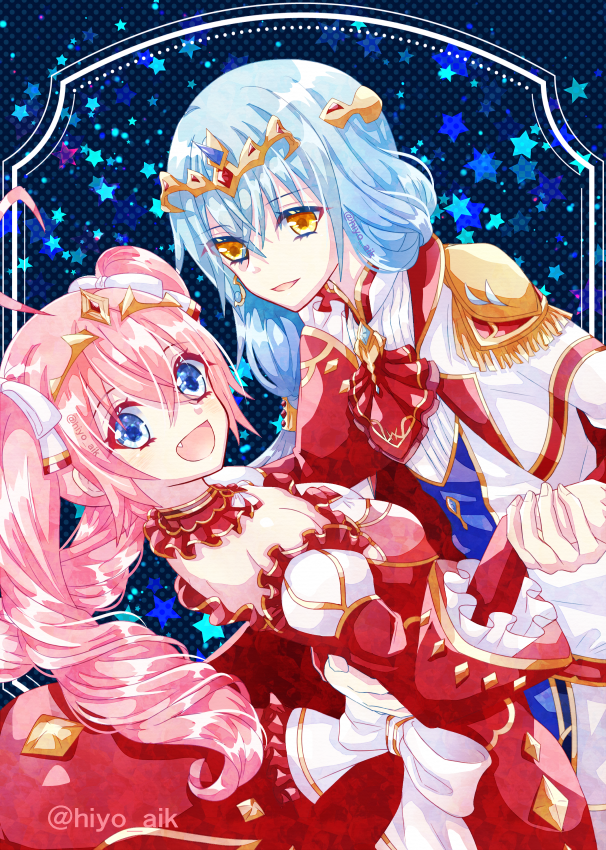 1girl 1other blue_eyes blue_hair braid crown dress hiyo_(monstarpinkcat) long_hair milim_nava pink_hair red_dress rimuru_tempest royal_robe tensei_shitara_slime_datta_ken twin_braids yellow_eyes