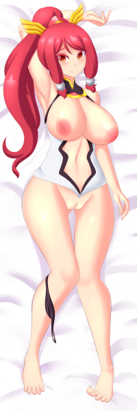 1girl arm_up armpits barefoot black_panties blazblue bottomless breasts breasts_out center_opening cleavage cleft_of_venus female_focus high_ponytail izayoi_(blazblue) knees_together_feet_apart linea_alba long_hair lying matching_hair/eyes no_bra on_back panties panties_around_leg ponytail red_eyes red_hair sidelocks solo tagme thigh_gap underwear