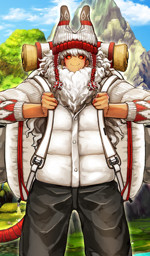 1boy asterios_(fate) asterios_(traveling_outfit)_(fate) backpack bag beard black_pants black_sclera blue_sky chullo closed_mouth cloud coat colored_sclera commentary cowboy_shot dark-skinned_male dark_skin day earrings facial_hair fate/grand_order fate_(series) happy hat hat_flaps holding_strap hoop_earrings jewelry knit_hat long_beard long_hair long_sleeves looking_at_viewer male_focus mountain nature official_art outdoors pants partially_unbuttoned pom_pom_(clothes) red_eyes red_hat red_ribbon ribbon scar scar_on_chin scar_on_face shimadoriru sky smile solo standing sunlight tail tail_ornament tail_ribbon third-party_source white_bag white_beard white_coat white_facial_hair white_hair white_hat white_theme winter_clothes winter_coat