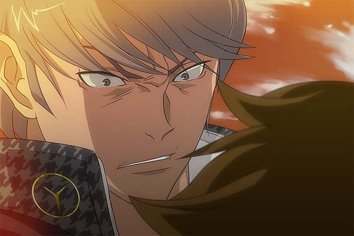 2boys atlus bad_id bad_pixiv_id collar eureka_seven eureka_seven_(series) hanamura_yousuke holland_novak meme multiple_boys narukami_yu neta nijiura_7_(meme) orange_sky parody parted_lips persona persona_4 silver_hair sky upper_body wide-eyed xcurtanax