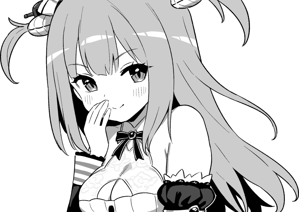 1girl azur_lane azur_lane:_slow_ahead blush breasts cleavage cleavage_cutout closed_mouth clothing_cutout detached_sleeves greyscale hair_ornament hori_(hori_no_su) large_breasts long_hair looking_at_viewer maid maid_headdress monochrome neptune_(azur_lane) ribbon short_twintails simple_background smile solo twintails white_background