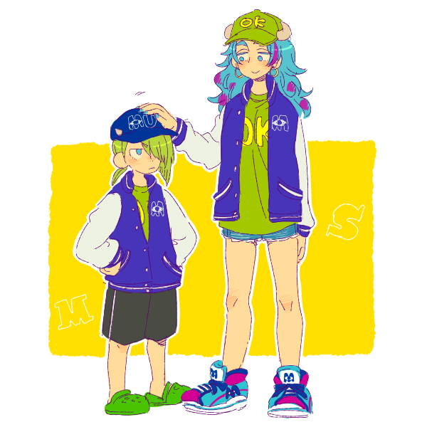 1boy 1girl arm_support blush border closed_eyes crocs denim denim_shorts earrings full_body genderswap green_hair green_hoodie green_shirt hair_over_one_eye hood hood_down hoodie hoop_earrings horns invisible_chair jacket james_p._sullivan jewelry kiri_futoshi letterman_jacket long_hair long_sleeves mike_wazowski monsters_inc. monsters_university shirt shoes shorts sitting sneakers white_border
