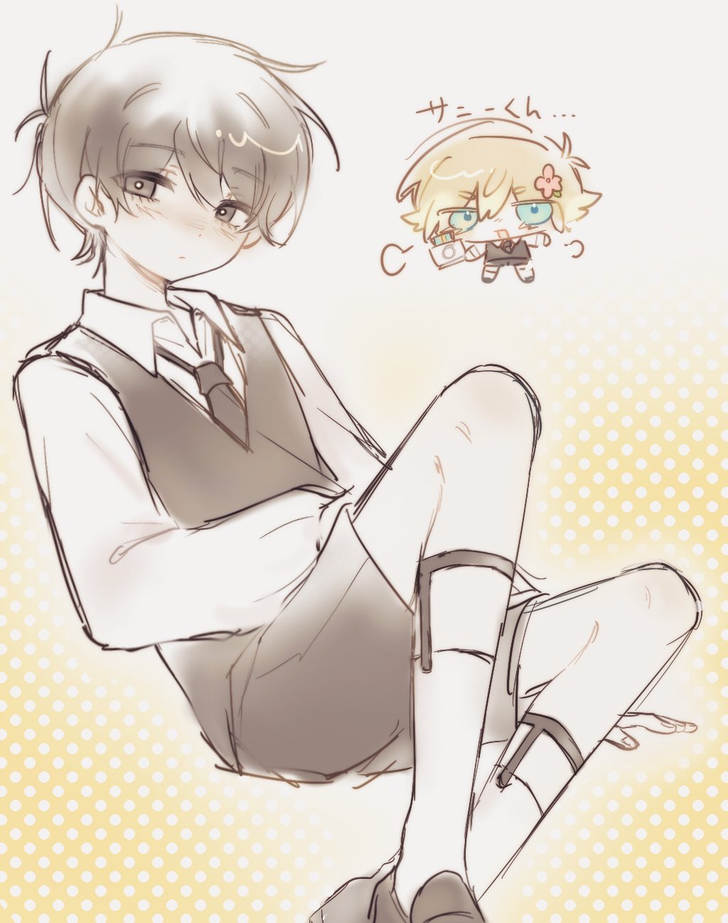 2boys adapted_costume alternate_sleeve_length antenna_hair arm_support basil_(faraway)_(omori) basil_(omori) black_eyes black_hair black_necktie black_shoes black_shorts black_sweater_vest blonde_hair blue_eyes bright_pupils chibi chibi_inset closed_mouth collared_shirt commentary double-parted_bangs expressionless feet_out_of_frame flower gradient_background grey_background hair_between_eyes hair_flower hair_ornament hapr_(noneprice) highres invisible_chair knee_up kneehighs legwear_garter loafers long_sleeves looking_at_viewer male_focus multiple_boys necktie omori polka_dot polka_dot_background puffy_long_sleeves puffy_sleeves red_flower shirt shoes short_hair shorts sitting socks solo_focus sunny_(omori) sweater_vest symbol-only_commentary translation_request two-tone_background white_pupils white_shirt white_socks yellow_background