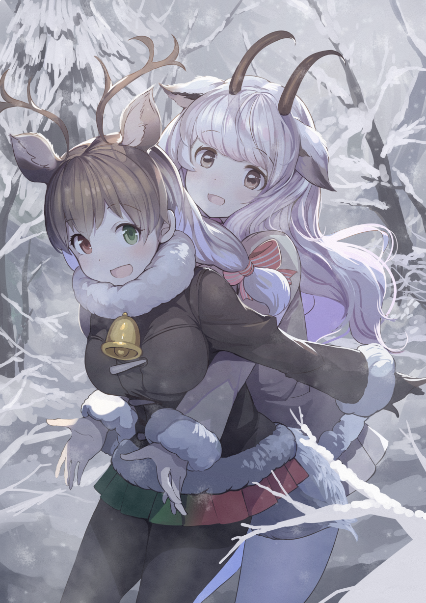 10s 2girls :d animal_ears antlers bare_tree black_pantyhose blush bow breasts brown_eyes brown_hair coat deer_ears deer_tail extra_ears fur-trimmed_sleeves fur_collar fur_trim gloves green_eyes hair_bow heterochromia highres horns hug hug_from_behind kemono_friends koruse large_breasts long_hair multicolored_hair multiple_girls open_mouth pantyhose pine_tree pleated_skirt red_eyes reindeer_(kemono_friends) sheep_ears sheep_horns skirt smile snow snow_sheep_(kemono_friends) tail tree two-tone_hair white_hair white_legwear winter_clothes winter_coat