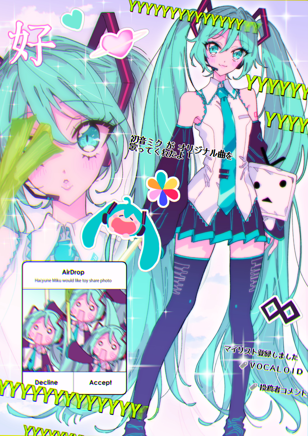 4girls :3 absurdly_long_hair airdrop_(software) arms_at_sides bare_shoulders black_footwear black_skirt black_sleeves blue_eyes blue_hair blue_nails blue_necktie blush boots clone closed_mouth collared_shirt copyright_name danmaku_comments detached_sleeves frilled_shirt frills hachune_miku hair_between_eyes hair_ornament hatsune_miku head_tilt headphones heart highres himitsu_(iemaki) ios_(os) itabag long_hair long_sleeves looking_at_viewer miniskirt multiple_girls multiple_views nail_polish necktie niconico o_o one_eye_covered pleated_skirt puckered_lips retro_artstyle shirt skirt sleeveless sleeveless_shirt smile sparkle spring_onion terebi-chan thigh_boots thighhighs tie_clip twintails very_long_hair vocaloid white_shirt zettai_ryouiki