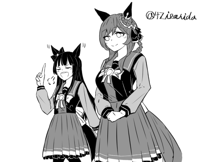 2girls animal_ears bow bowtie braid braided_hair_rings closed_eyes commentary deep_impact_(umamusume) ear_bow ear_covers ear_ornament ear_wiggle gentildonna_(umamusume) greyscale hair_rings height_difference horse_ears horse_girl horse_tail index_finger_raised isarida long_hair long_sleeves monochrome motion_lines multiple_girls open_mouth pleated_skirt puff_of_air sailor_collar sailor_shirt school_uniform shirt sidelocks sideways_glance sketch skirt smug tail teeth tracen_school_uniform twitter_username umamusume upper_teeth_only waist_bow winter_uniform