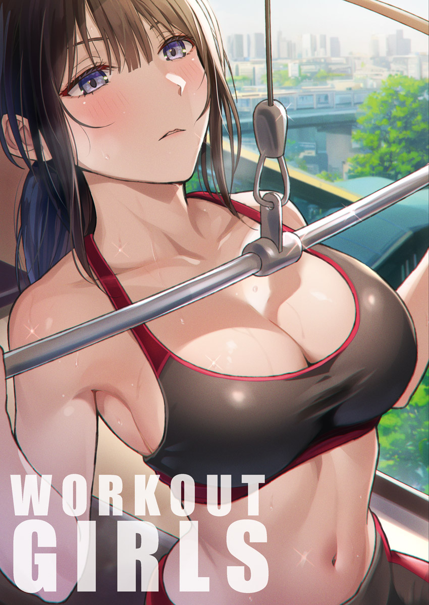 1girl armpits barefoot black_hair blue_eyes blush breasts city cityscape cleavage collarbone comiket_102 commentary_request day english_text exercising highres kanden_sky large_breasts looking_up messy_hair navel original parted_lips ponytail sidelocks sparkling_sweat sports_bra stomach sweat tree upper_body window workout_clothes