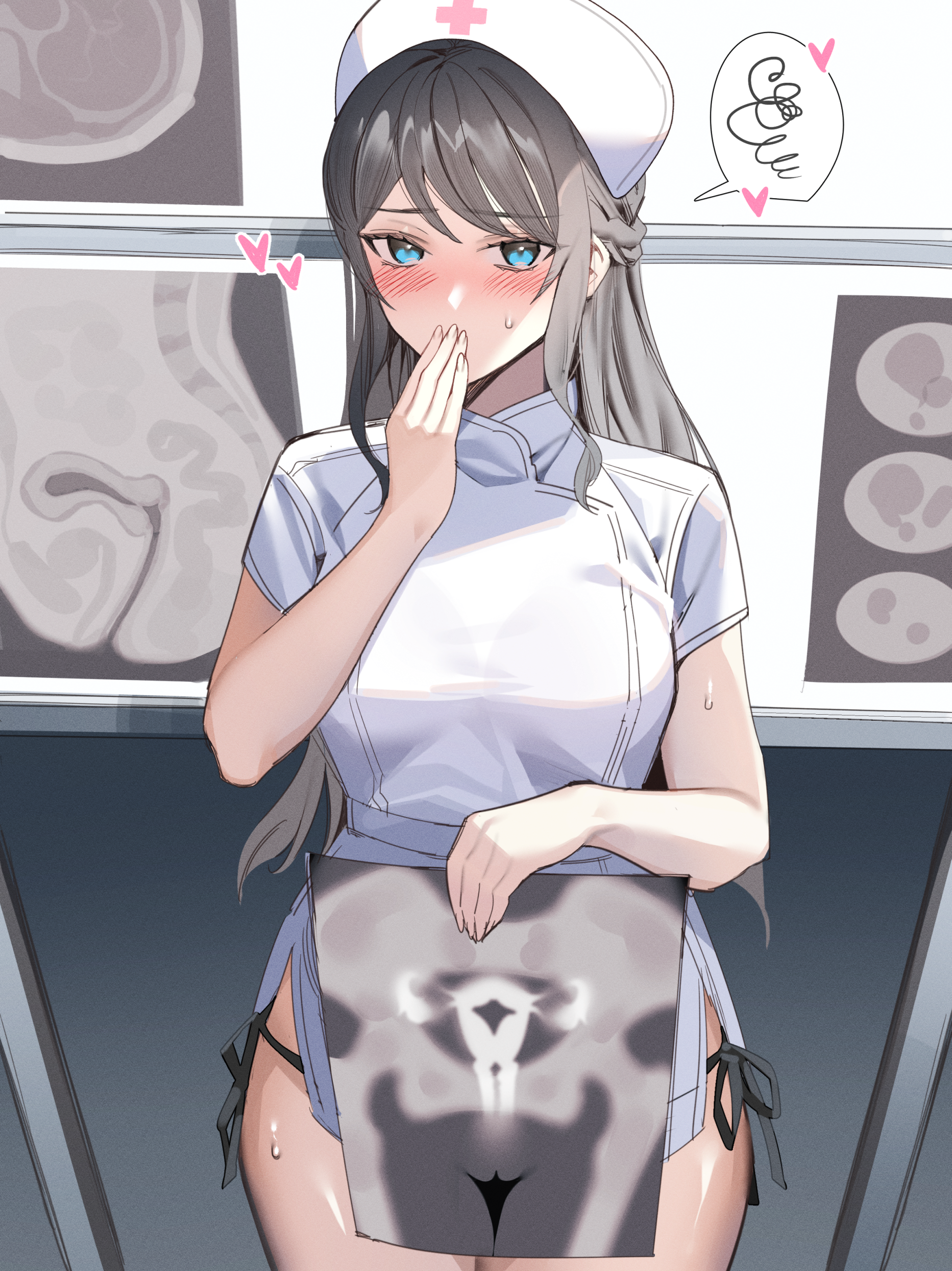 1girl absurdres black_panties blue_eyes blush bone braid breasts cameltoe cervix cross-section dress fallopian_tubes french_braid grey_hair heart highres holding kitazawa_(embers) long_hair looking_at_viewer medium_breasts nurse original ovaries panties pelvis pussy short_dress short_sleeves side-tie_panties sidelocks skeleton solo speech_bubble spoken_squiggle squiggle standing underwear uterus white_dress x-ray_film