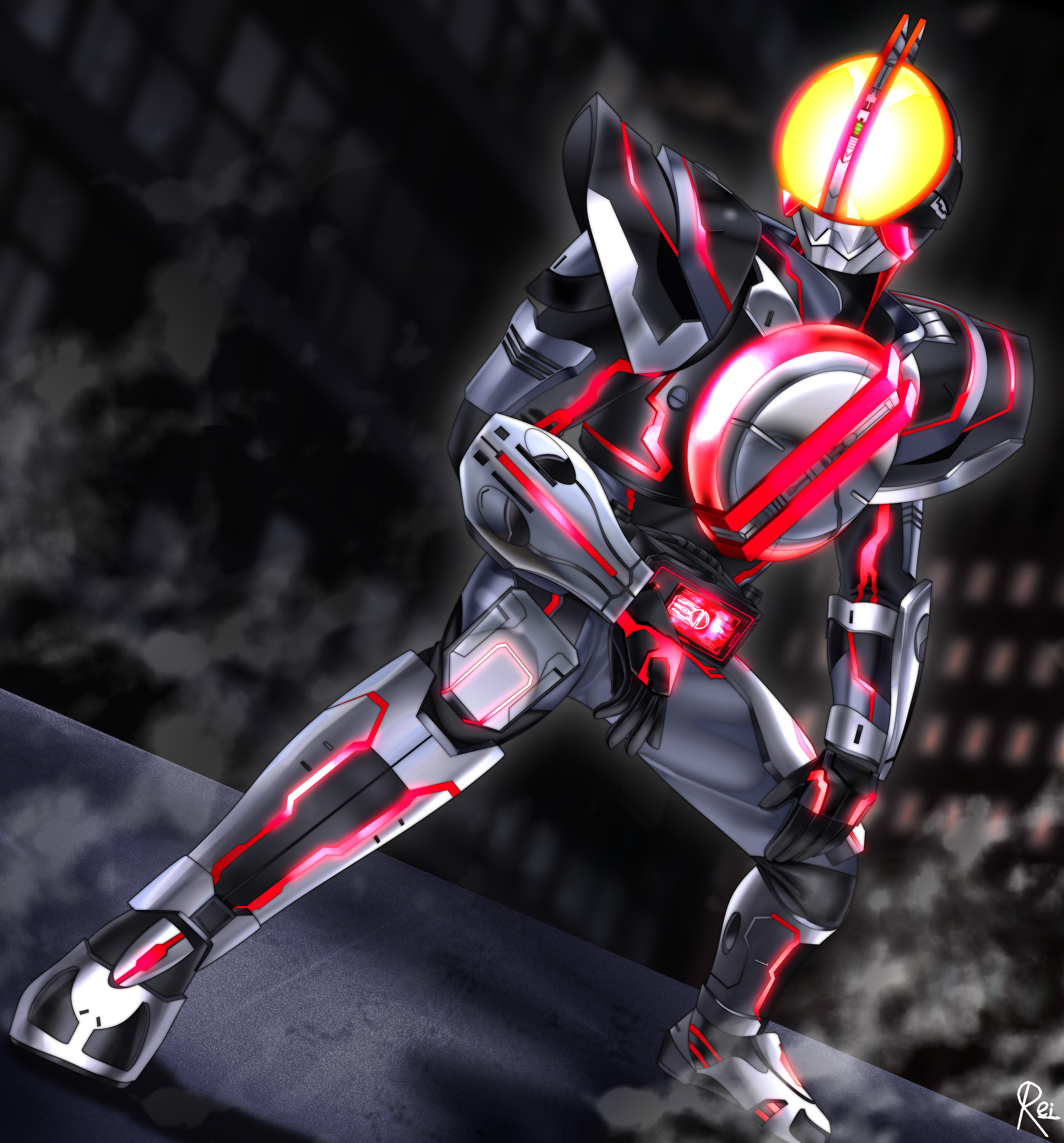 1boy absurdres armor armored_bodysuit belt black_armor bodysuit broad_shoulders chest_armor rider_belt faiz_driver full_body glowing glowing_eyes glowing_lines helmet highres kamen_rider kamen_rider_555 kamen_rider_555:_paradise_regained kamen_rider_faiz kamen_rider_next_faiz male_focus power_armor reiei_8 rider_belt shoulder_armor solo squatting tokusatsu white_armor yellow_eyes