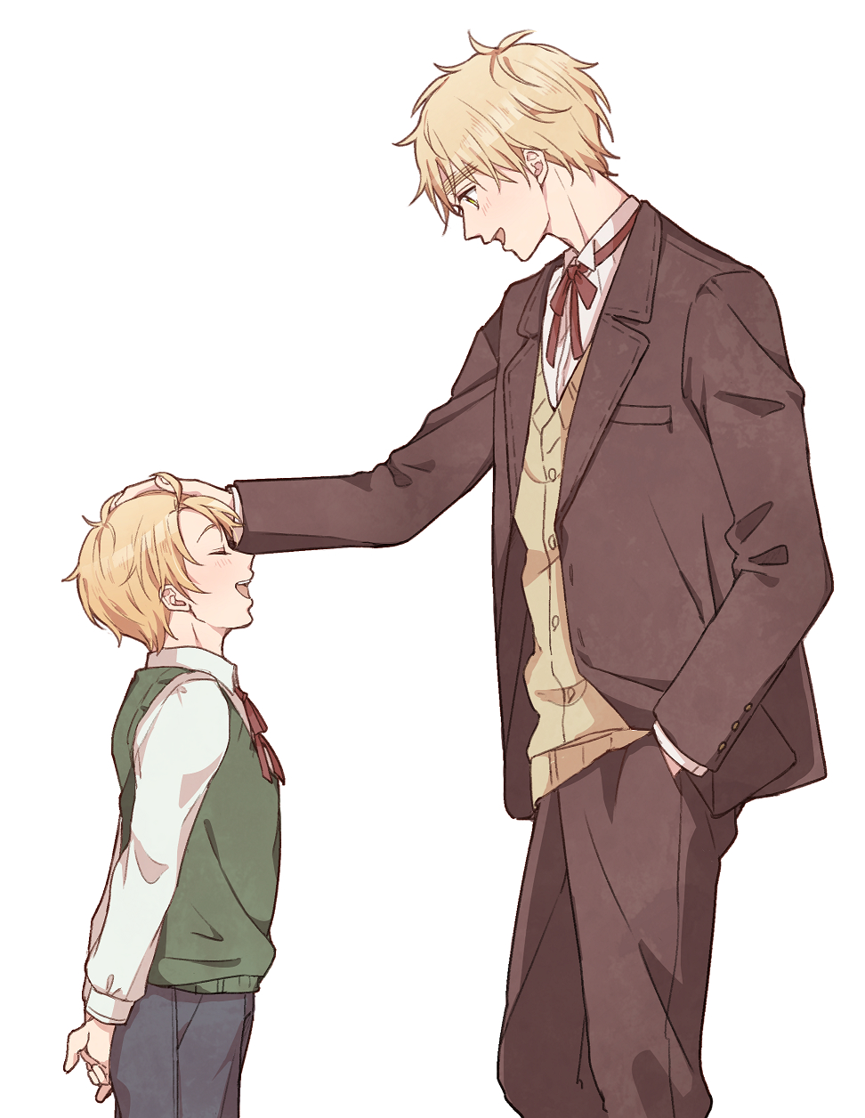 2boys aged_down america_(hetalia) axis_powers_hetalia black_pants blonde_hair blush brown_jacket brown_pants buttons child closed_eyes collared_shirt commentary_request cowboy_shot green_eyes green_sweater_vest hand_in_pocket hand_on_another&#039;s_head highres jacket lapels long_sleeves looking_at_another male_focus multiple_boys nbsr neck_ribbon open_clothes open_jacket open_mouth pants petting puffy_long_sleeves puffy_sleeves red_ribbon ribbon shirt short_hair simple_background smile standing sweater_vest teeth united_kingdom_(hetalia) white_background white_shirt yellow_sweater_vest