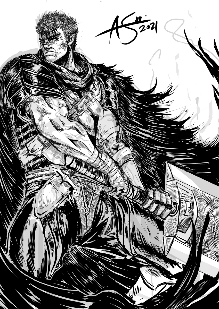 1boy 2021 anthoniarts armor berserk black_hair cape closed_mouth commentary crosshatching dagger english_commentary greyscale guts_(berserk) hatching_(texture) highres knife long_bangs looking_ahead male_focus monochrome muscular muscular_male pointy_ears serious shadow short_hair shoulder_armor solo thick_eyebrows veins veiny_arms weapon white_background wispy_bangs woven_hatching