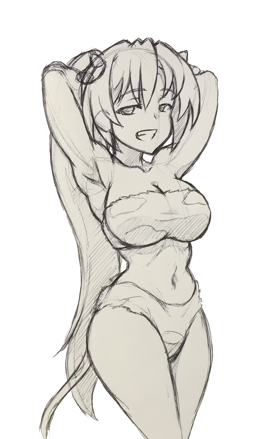 1girl abridged-satoko animal_print armpits arms_behind_head bikini breasts cleavage cow_print cow_print_bikini curvy grin highres higurashi_no_naku_koro_ni large_breasts legs long_hair looking_at_viewer monochrome navel ponytail print_bikini seductive_gaze seductive_smile smile solo sonozaki_mion swimsuit thighs traditional_media