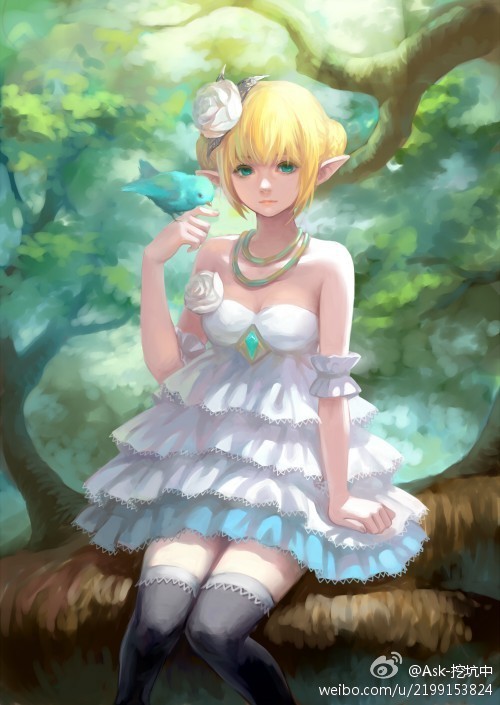 1girl ask_(askzy) bare_shoulders bird black_socks breasts dragon_nest dress green_eyes jewelry long_hair necklace pointy_ears sitting socks tree white_dress
