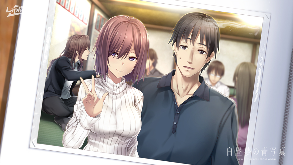 1boy 1girl arishima_kaoru arishima_shouko black_eyes black_hair black_shirt breasts closed_mouth collarbone collared_shirt copyright_name eyes_visible_through_hair hair_between_eyes hakuchuumu_no_aojashin husband_and_wife indoors large_breasts looking_at_viewer medium_hair mole mole_under_eye official_art open_mouth people photo_(object) pink_hair polo_shirt purple_eyes ribbed_sweater shimofuri shirt short_hair sitting small_sweatdrop smile sweater turtleneck turtleneck_sweater w white_sweater wing_collar