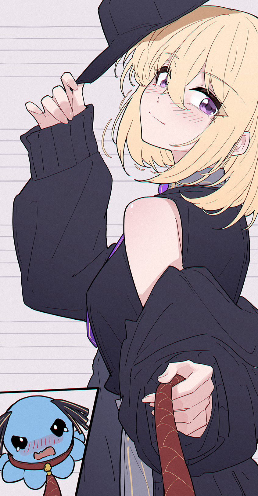 1girl animalization bang_dream! bang_dream!_it&#039;s_mygo!!!!! baseball_cap black_hat black_jacket black_shirt blonde_hair blush chinese_commentary closed_mouth commentary_request hair_between_eyes hat highres holding holding_leash jacket leash long_sleeves looking_at_viewer medium_hair misumi_uika octopus pov purple_eyes shirt sleeveless sleeveless_shirt togawa_sakiko viewer_on_leash yun_cao_bing yuri