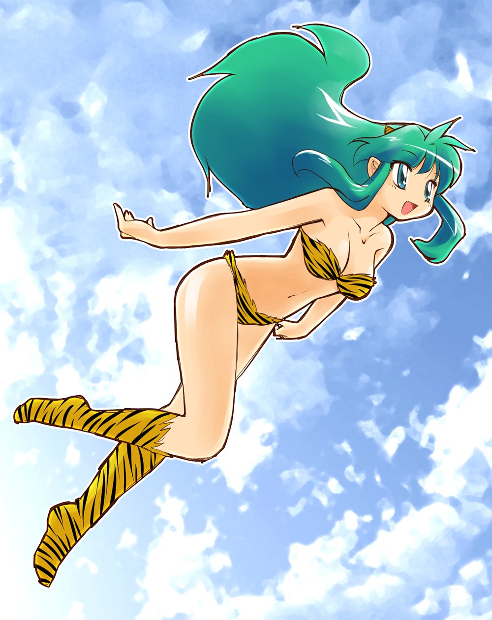 1girl animal_print aqua_eyes aqua_hair bikini boots breasts cone_horns cueshima floating_hair flying full_body hashtag-only_commentary highres horns knee_boots long_hair lum navel open_mouth pointy_ears print_bikini print_boots sidelocks sky solo swimsuit tiger_print urusei_yatsura