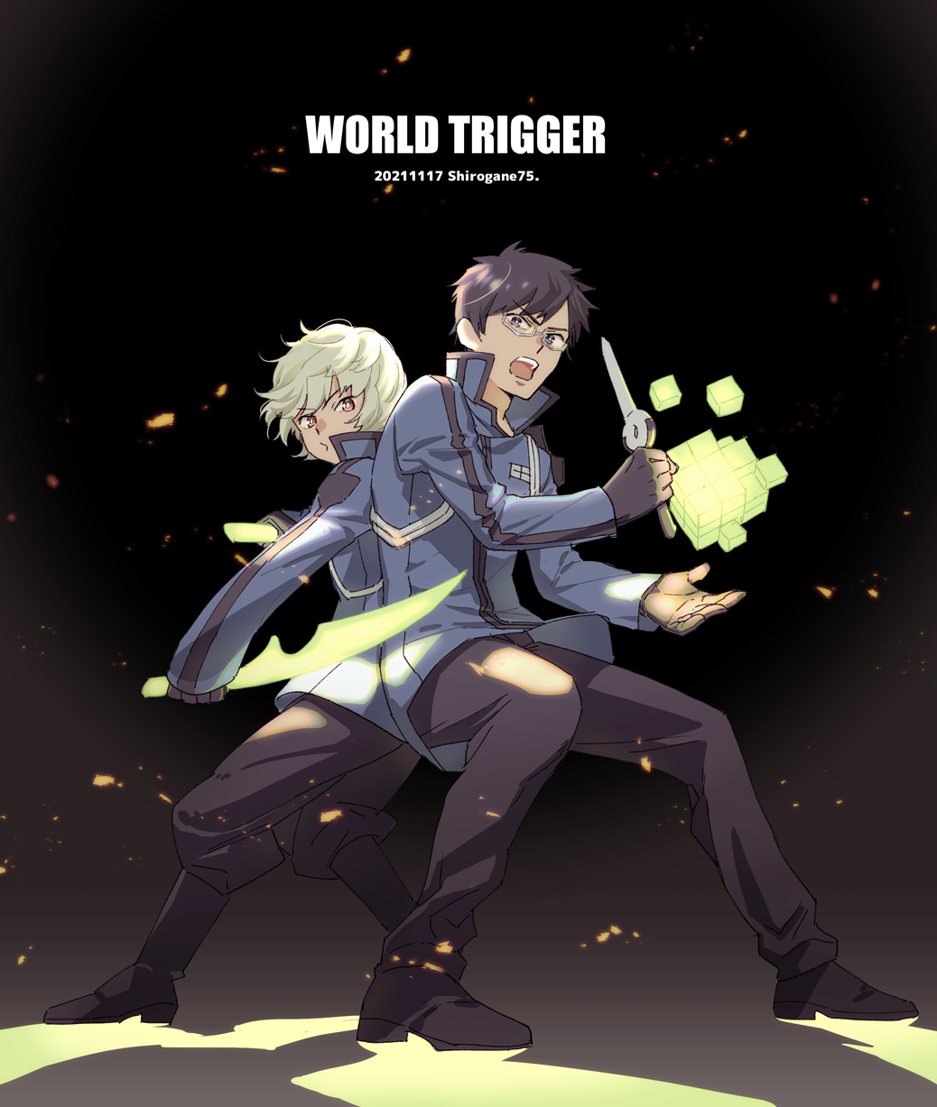 2boys back-to-back black_background black_gloves black_hair black_pants boots copyright_name cube dated fighting_stance full_body glasses gloves glowing glowing_weapon highres holding holding_sword holding_weapon knee_boots kuga_yuuma light_particles looking_at_viewer male_focus mikumo_osamu multiple_boys open_mouth pants pants_tucked_in red_eyes reverse_grip shadow shirogane750 shoes short_hair short_sword squatting sword twitter_username uniform weapon white_hair world_trigger