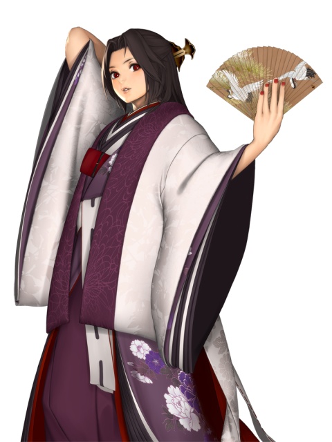 androgynous arm_up artist_request black_hair capcom character_request hand_fan gender_request hair_ornament hair_stick haori japanese_clothes nail_polish official_art onimusha onimusha_soul red_eyes solo wide_sleeves
