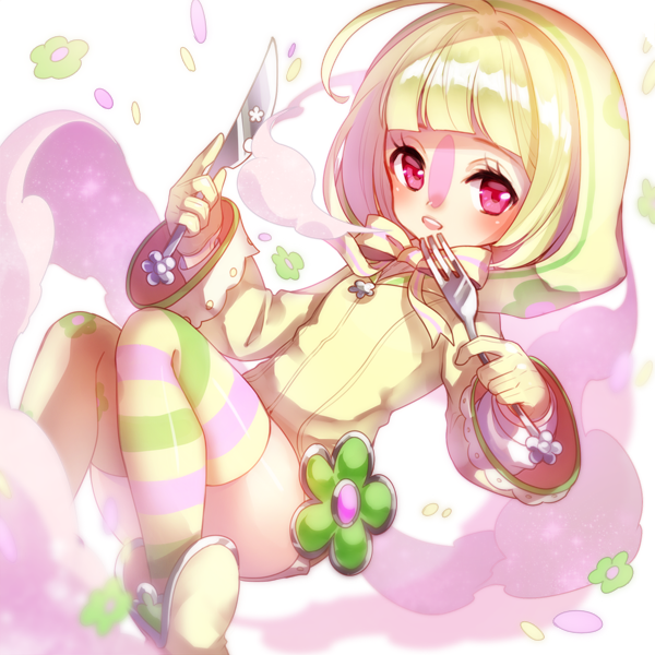 1girl ahoge alternate_color androgynous blonde_hair blunt_bangs facepaint flower fork gas gen_5_pokemon holding holding_knife hood kasuka108 knife munna nintendo pastel_colors personification pink_eyes pokemon short_hair striped_clothes striped_thighhighs thighhighs yellow_thighhighs