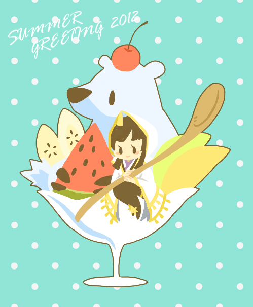 aya_gozen beartic bowl cherry cloak english_text food food_on_head fruit fruit_on_head gen_5_pokemon glass hood nintendo object_on_head pokemon pokemon_conquest sengoku_musou smile spoon watermelon