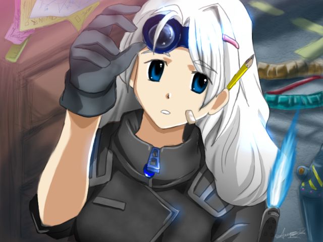 blue_eyes engineer game_arts ginny_starwish gloves monocle starwish torch white_hair xdanond